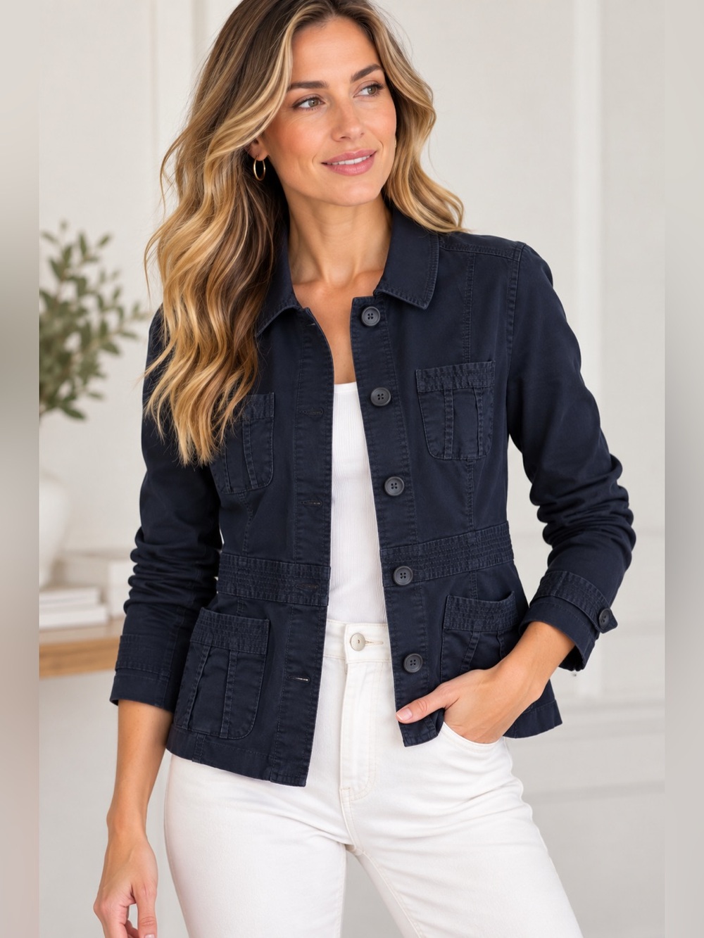 LOFT Navy Utility Safari Jacket Size 14 Cotton Stretch 4 Pocket
